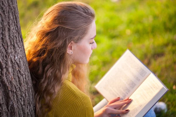 Hermosa joven rubia sentada y leyendo libro en un parque — Foto de Stock