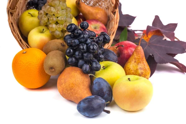 Maçãs e outras frutas em uma cesta de vime em um fundo branco — Fotografia de Stock