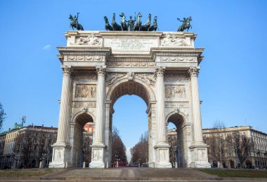 Historical marble arch Arco della Pace, Sempione square, Milan, 
