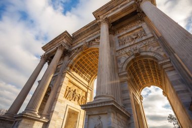 Historical marble arch Arco della Pace, Sempione square, Milan, 