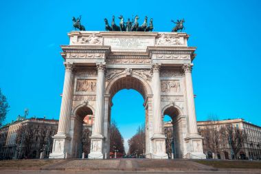 Historical marble arch Arco della Pace, Sempione square, Milan, 
