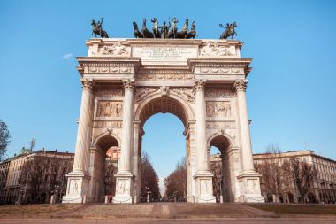 Historical marble arch Arco della Pace, Sempione square, Milan, 