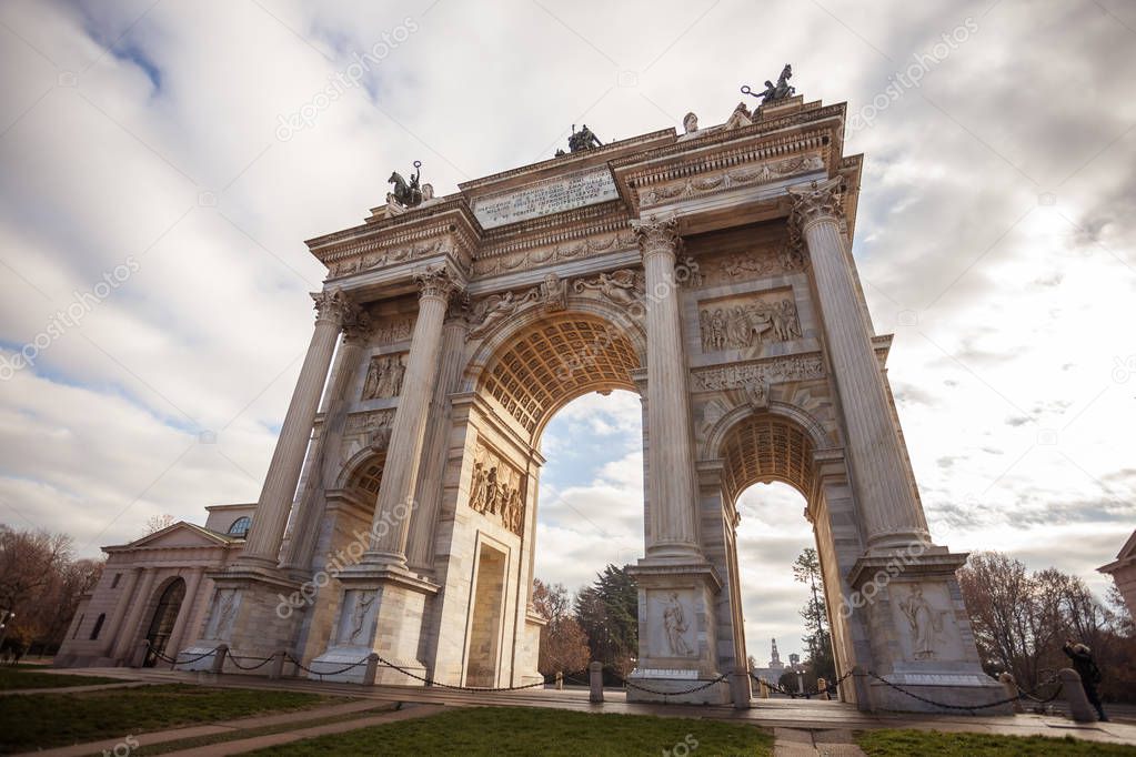 Historical marble arch Arco della Pace, Sempione square, Milan, 