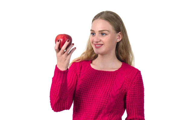 Hübsches Blondes Mädchen Mit Rotem Apfel Der Hand Weißem Hintergrund — Stockfoto