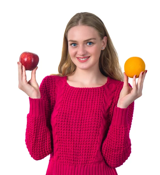 Schönes Porträt einer jungen Frau mit Orange und Apfel. Gesund — Stockfoto