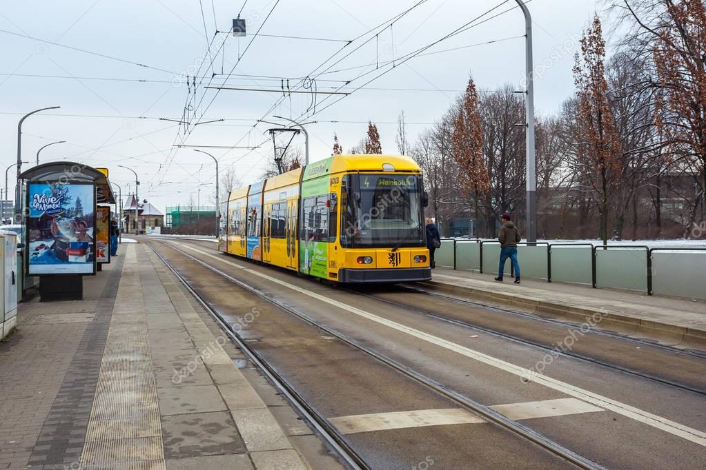 22.01.2018 Dresden; Germany - Tram on the way in Dresden city ce