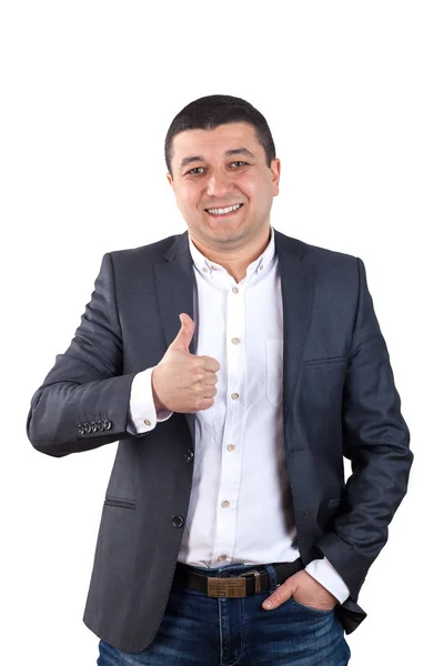 Portrait of young man dressed in a white shirt and black suit an — Stock Photo, Image