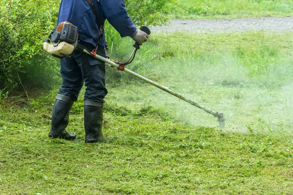 Jardineiro Cortando Grama Por Cortador Grama — Fotografia de Stock