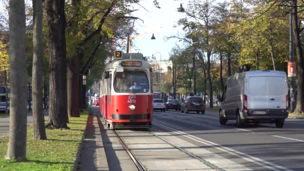 Відень Австрія 2019 Традиційний Червоний Електричний Трамвай Відні Австрія — стокове відео