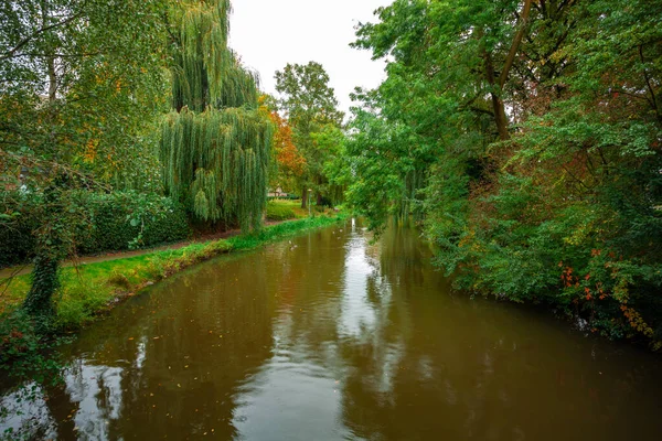 Parque da cidade, árvores reflexão sobre a água da lagoa, outono. Eindhoven — Fotografia de Stock