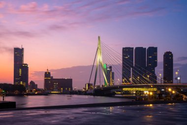Sabah Erasmusbrug köprüsü ile Rotterdam Skyline, Nether