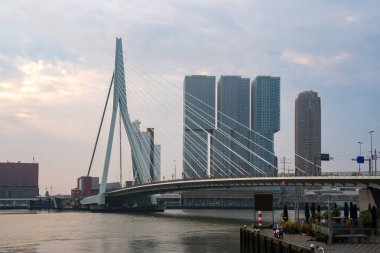 Sabah Erasmusbrug köprüsü ile Rotterdam Skyline, Nether