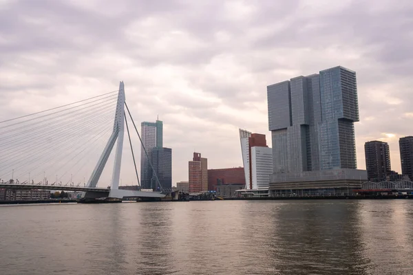 Sabah Erasmusbrug köprüsü ile Rotterdam Skyline, Nether — Stok fotoğraf