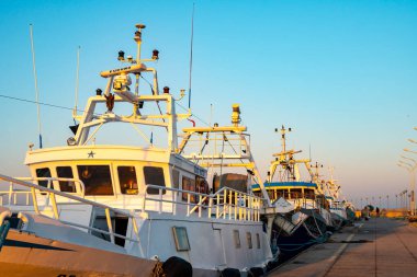 Fiumicino, İtalya - 27.10.2019: Fiumicino limanında balıkçı tekneleri.