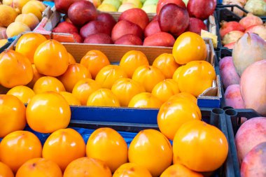 Meyve pazarında çeşitli meyveler. yiyecek.