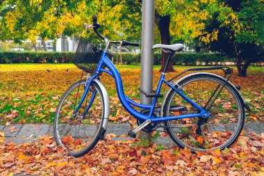 Bisiklet sonbaharda Viyana Parkı 'nda bir sütuna bağlı.
