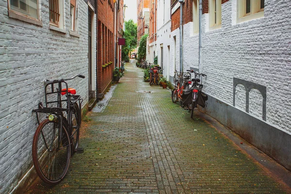 Fietsen in de smalle straat in Amsterdam. Nederland. — Stockfoto