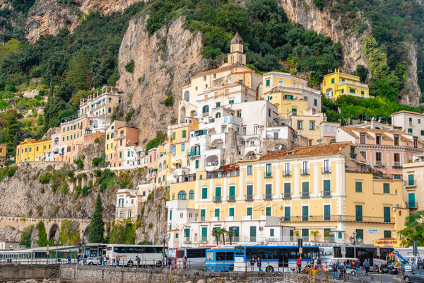 Amalfi, Italy - 01.11.2019: Beautiful colorful houses in Amalfi. Amalfi coast. Italy.