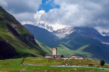 Shkhara Mt. eteklerindeki Ushguli köyünün görünümü. Lamaria 