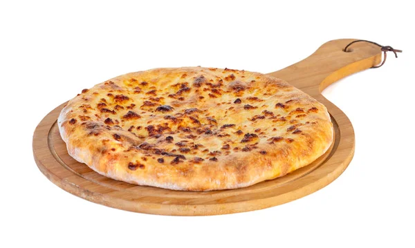 Georgian traditional food khachapuri on a wooden dish on white background. — Stock Photo, Image