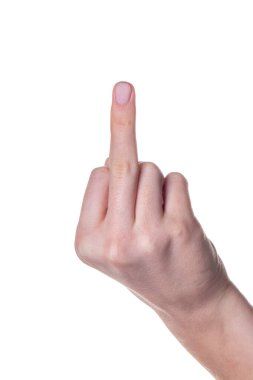 Beyaz arka planda orta parmağını gösteren kadın eli