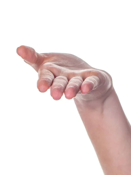 Mão mulher aberta isolado no fundo branco — Fotografia de Stock