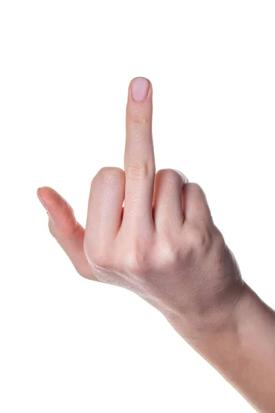 Woman hand showing middle finger on white background — ストック写真