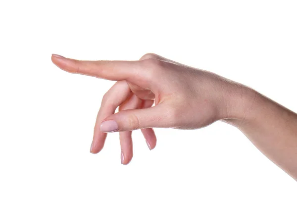 Mulher mão aponta um dedo para algo isolado no fundo branco — Fotografia de Stock