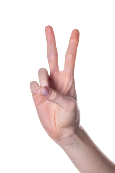 Рука жінки, що показує знак перемоги ізольовано на білому тлі — стокове фото