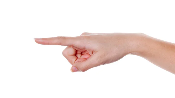 La mano de la mujer señala con el dedo algo aislado sobre fondo blanco . — Foto de Stock