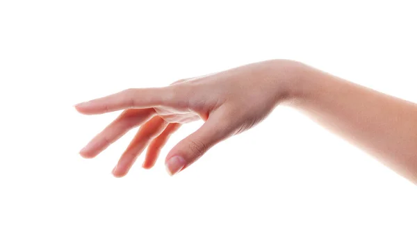 A mão da mulher aponta um dedo para algo isolado no fundo branco . — Fotografia de Stock