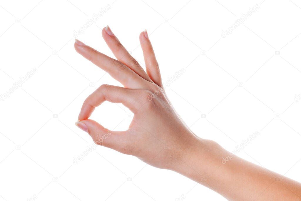 hands take gesture of okay sign isolated on white backgrounds