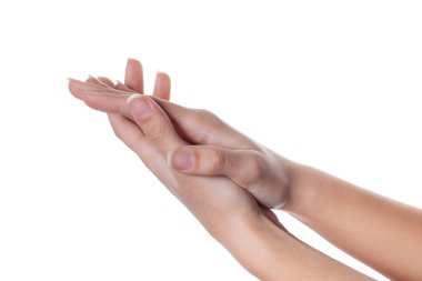 Alkışlıyorum. Beyaz arka planda izole edilmiş güzel kadın elleri alkışlıyor..