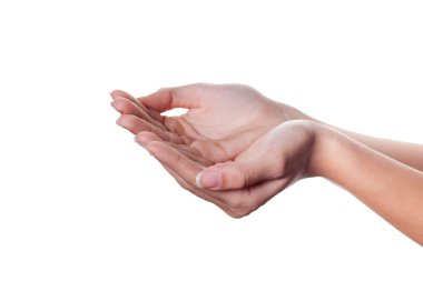 Outstretched cupped hands of young woman isolated on white.