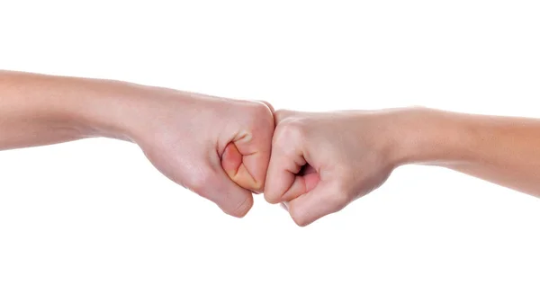 Hands giving a fist bump on white background — Stock Photo, Image