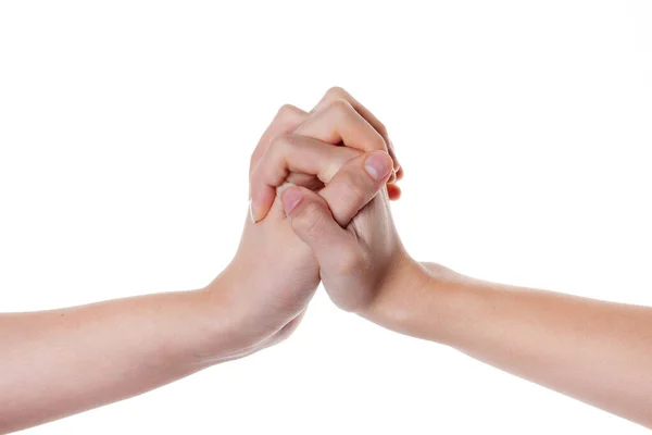 Nők keze, akik elszigetelten, fehér alapon tartják egymást. — Stock Fotó