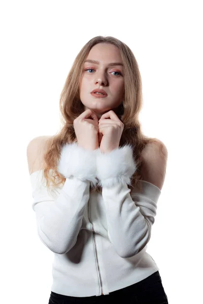 Portrait of beautiful blonde female model on white background. — 图库照片