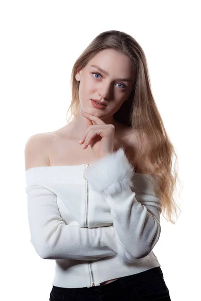 Portrait of beautiful blonde female model on white background. — Stok fotoğraf