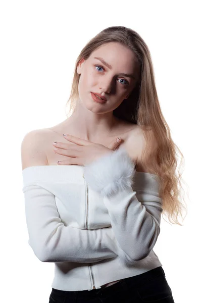 Portré gyönyörű szőke nő modell fehér háttér. — Stock Fotó