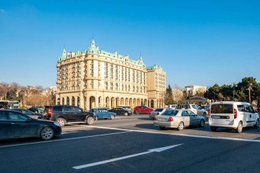 Baku, Azerbaijan January 27, 2020 - Historic buildings and cars in the city