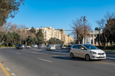 Baku, Azerbaijan January 27, 2020 - Historic buildings and cars in the city center