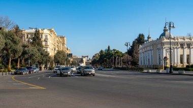 Baku, Azerbaijan January 27, 2020 - Historic buildings and cars in the city center
