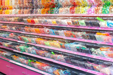 Amsterdam, Netherlands - October 16, 2019: View inside Jamin candy store with colorful candy display