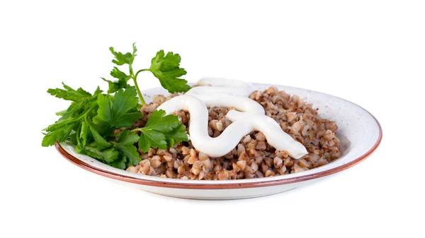 Boiled Buckwheat Mayonnaise Parsley Plate White Background Healthy Food — Stock Photo, Image