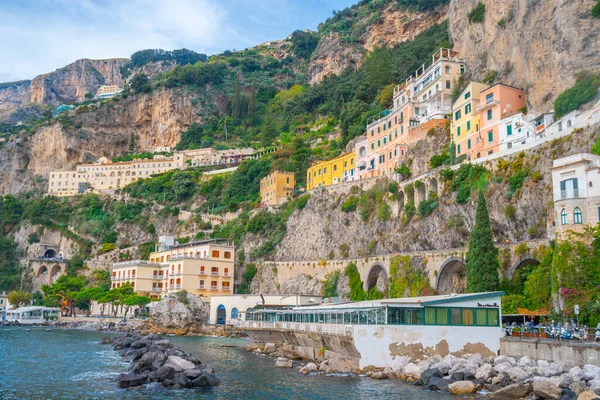 Amalfi cityscape on coast line of mediterranean sea, traveling in Italy