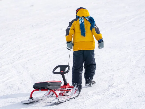 Achteraanzicht Van Kind Slee Trekken Besneeuwde Piste Rennen Terwijl Tijd — Stockfoto