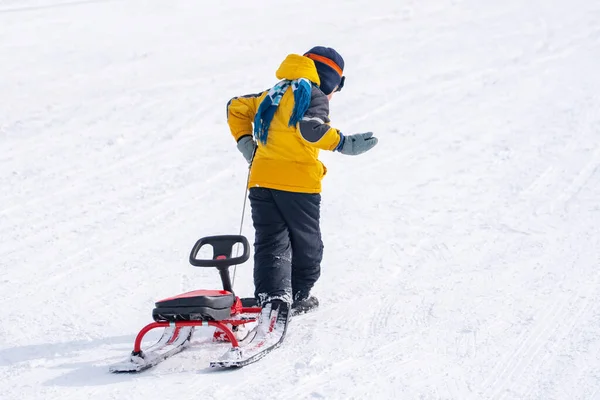 Kayak Merkezinde Zaman Geçirirken Kızak Çeken Karlı Yamaçlarda Koşan Çocuğun — Stok fotoğraf