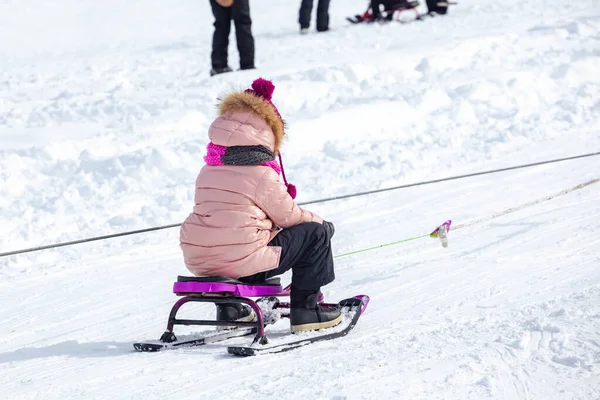 Crianças Com Trenó Escalando Colina Nevada Parque Inverno Bakuriani Geórgia — Fotografia de Stock