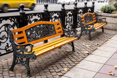 Rustaveli Bulvarı, Tiflis, Georgia 'daki eski çelik banklar.