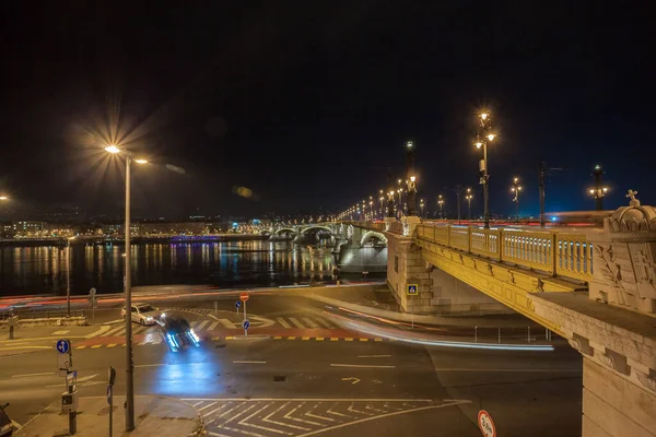Uitzicht Margaret Bridge Nachts Verlicht Boedapest Hongarije Reizen — Stockfoto